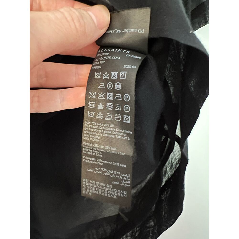 Allsaints Etna Black Silk Blend Short Sleeve Blouse Size 4 - Picture 4 of 9